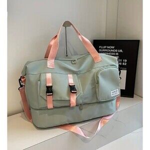 Sage Green and Pink Large Travel Duffel Bag w/ Adjustable strap Shoe Compartment